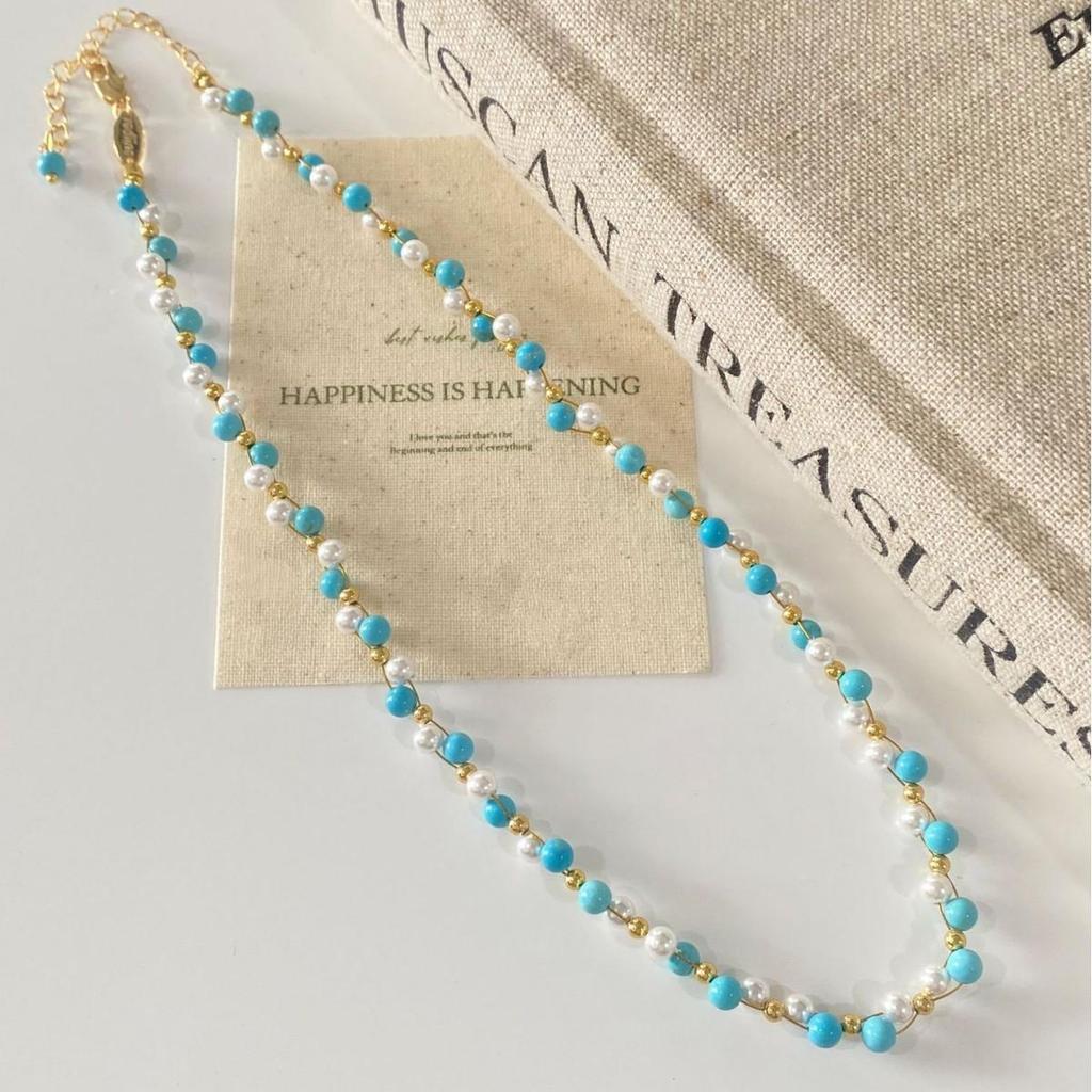 Vintage Style French Blue Turquoise Pearl Beaded Necklace – Exquisite & Versatile Collarbone Accent