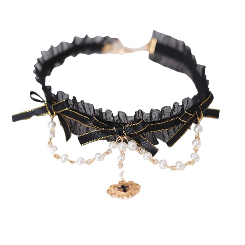 Girls Ruffles Lace Necklace with Pearl Chain Pendant Ribbon Bows Earrings Hair Clips Handmade Lolita Hair Ornaments