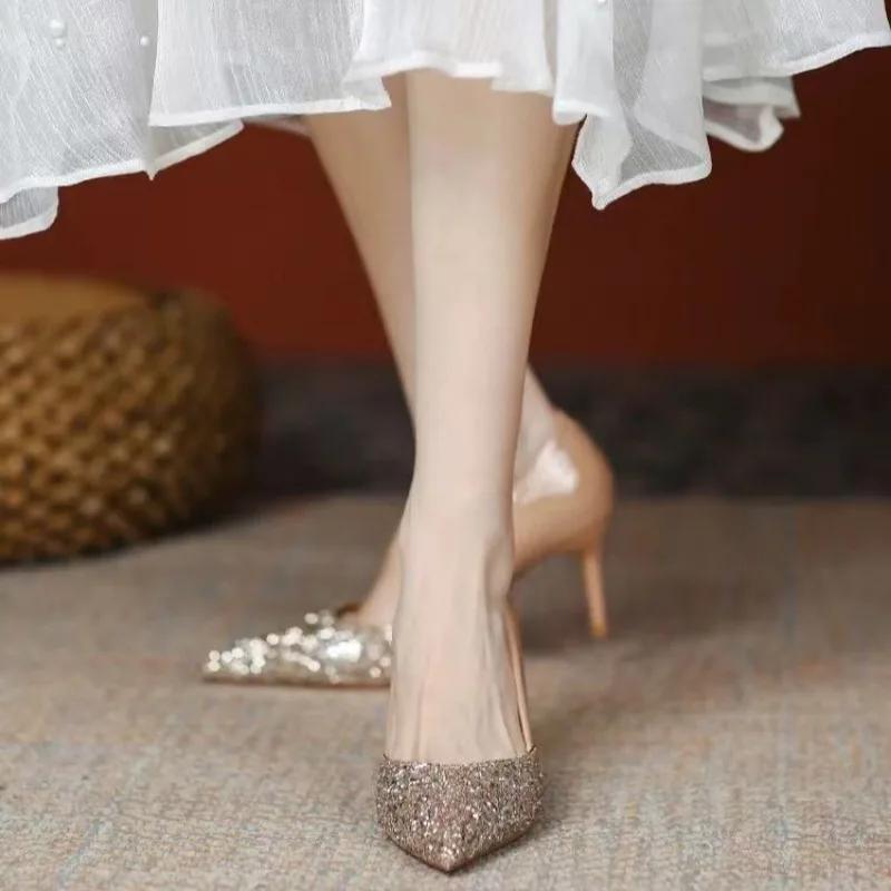 Fashion Women's Thin Heel Shoes Fall New Pointy Head Shallow Mouth Sequin A Slip-on Temperament High Heels  Pumps