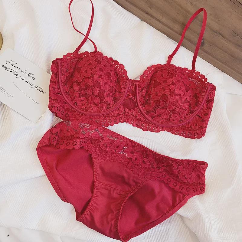 French Lace Embroidered Underwear Set: Soft Half-Cup Bra with Underwire & Cotton, Perfect for All Bust Sizes