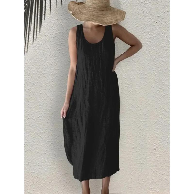 Women Comfortable Casual Linen Dresses Summer Solid Color Side Pockets Dress O Neck Pullover Sleeveless Gown