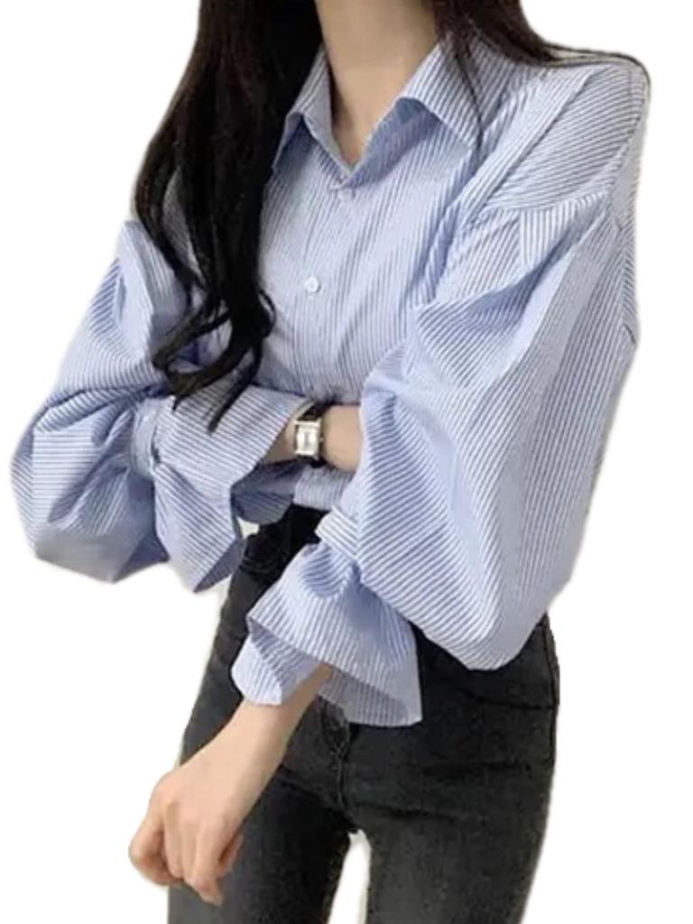 Striped and Knit Vest Ruffled Sweater Korean Style for and [KOREARU] Women's Shirt, Blouse, Set. Blouse. Spring, Summer, Fall, Winter. (Shirt [Blue])