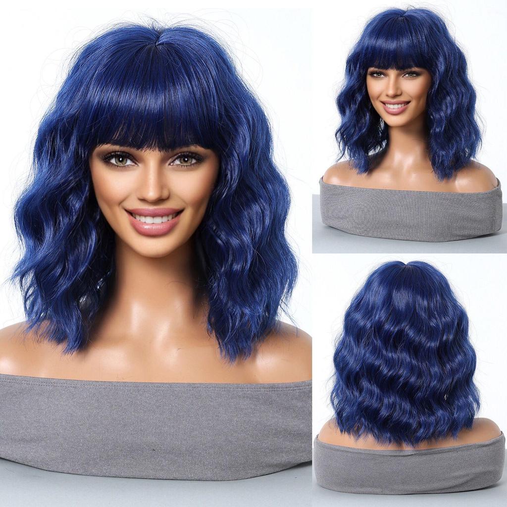 Short Wave Bob Wig with Bangs for Women Synthetic Wigs with Natural Wavy Black Mixed Brown Heat Resistant Wig for Daily Party Use