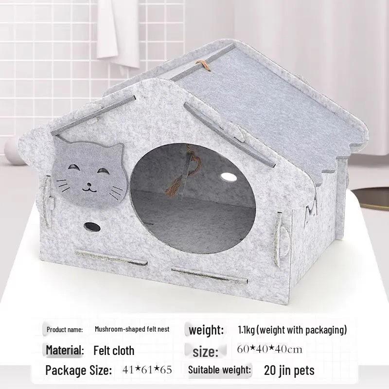 All-Season Felt Enclosed Cat Bed Villa - Detachable Pet Nest House