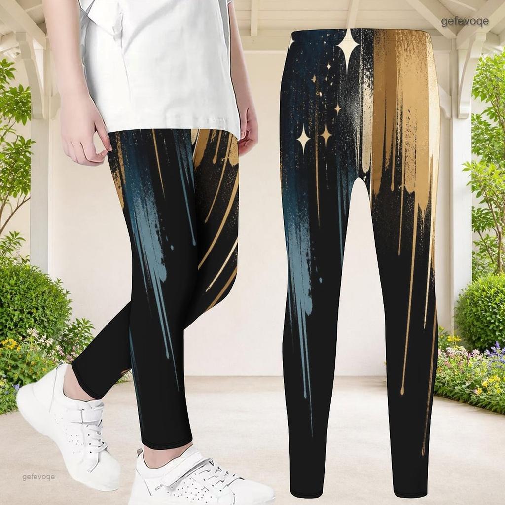 Girls Printed Full Length Fitted Yoga Leggings Black Red White Stretch Waist Pants