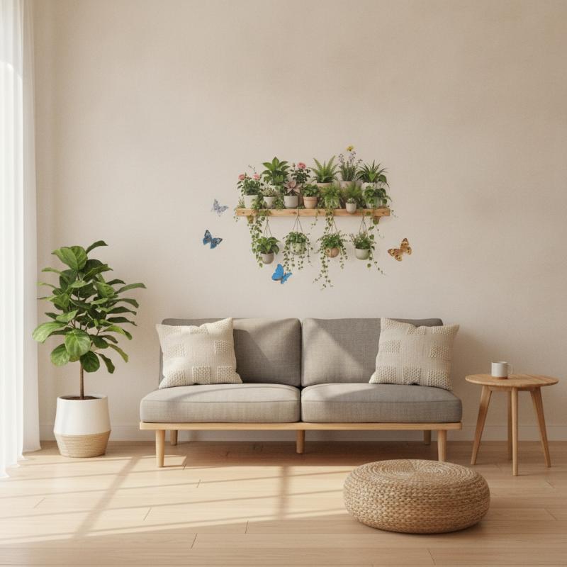 Potted Plant Flowers Leaves And Butterfly Wall Sticker Self-Adhesive Cartoon Stickers Removable Kitchen Living Room Home Decor