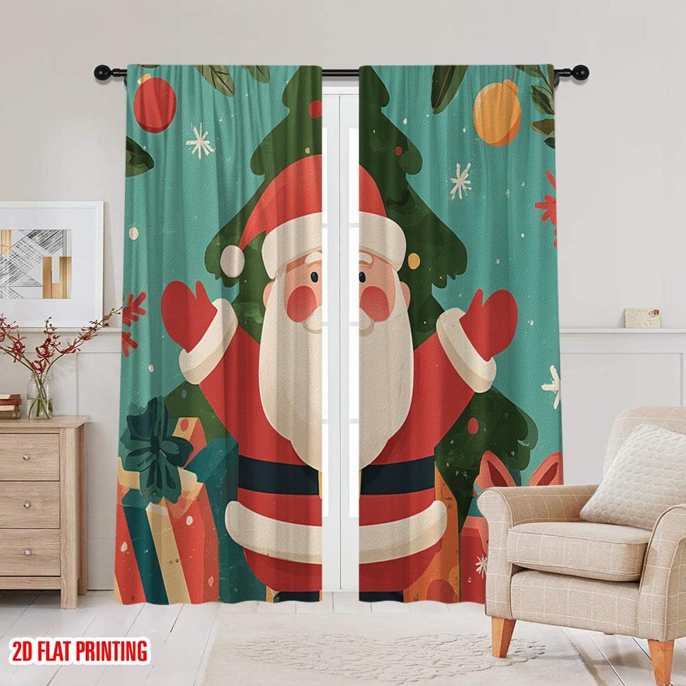2 Stück, 2D-Flachdruck Vorhänge & Fensterdekoration Weihnachtsmann und Baum Polyester Einfache Montage (ohne Stange) Perfekte Heimdekoration