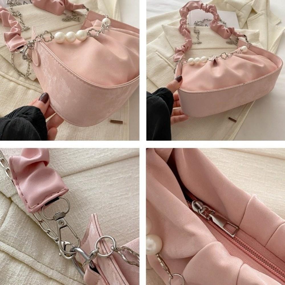 PU Leather Pearl Chain Crossbody Bag Korean Style Pleated Handbag Cloud Shoulder Bag Office Worker