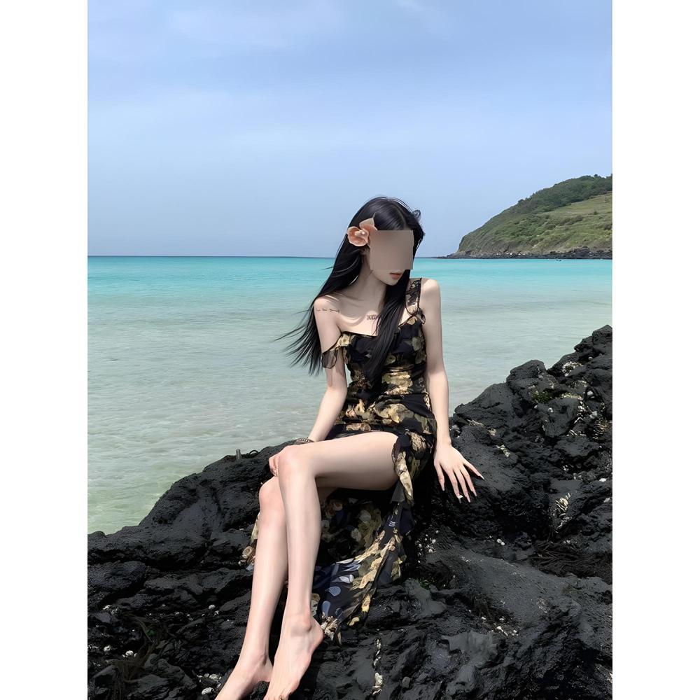 Women's summer fishtail skirt slim waist retro ruffle edge floral suspender dress split fork long dress hip skirt