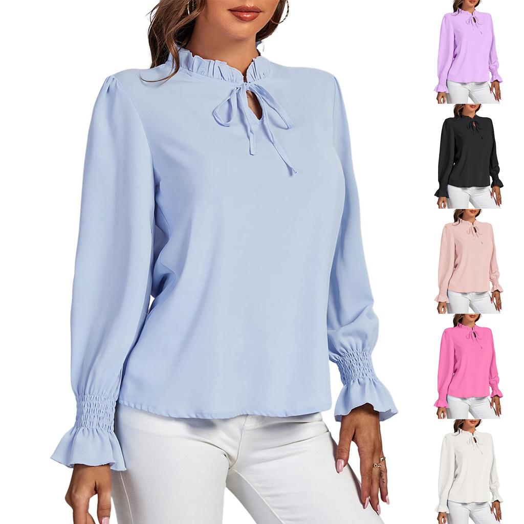 Damen Rüschen Stehkragen Selbstbinde Plissee Spitze Langarm Elegant Hemd Top