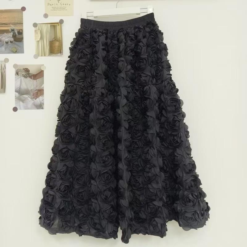 Elegant High-Waist 3D Rose Midi Skirt - Versatile and Fashionable Summer Style