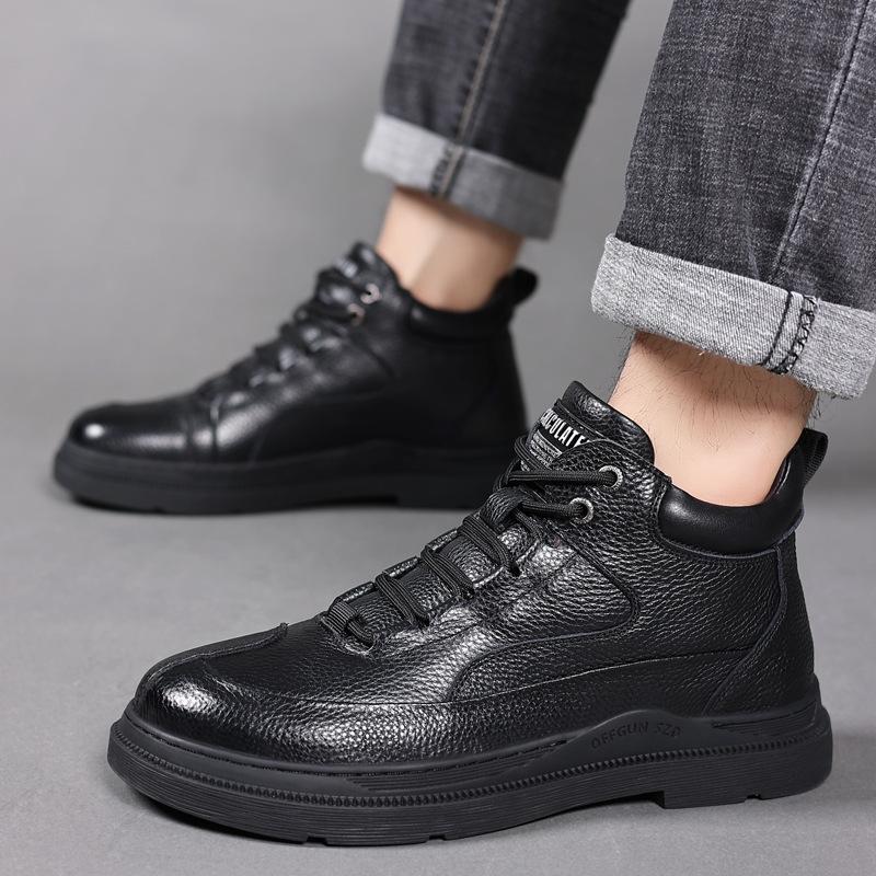 Winter First Layer Cowhide Wool Men's Warm Cotton Shoes Leather Velvet High-top Outdoor Casual Dad Men's Shoes Northeast