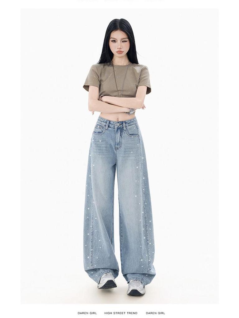 2026 Women's Rhinestone Wide-Leg Jeans: Loose, Slimming, High-End Floor-Length with Concealing Design for Spring/Autumn