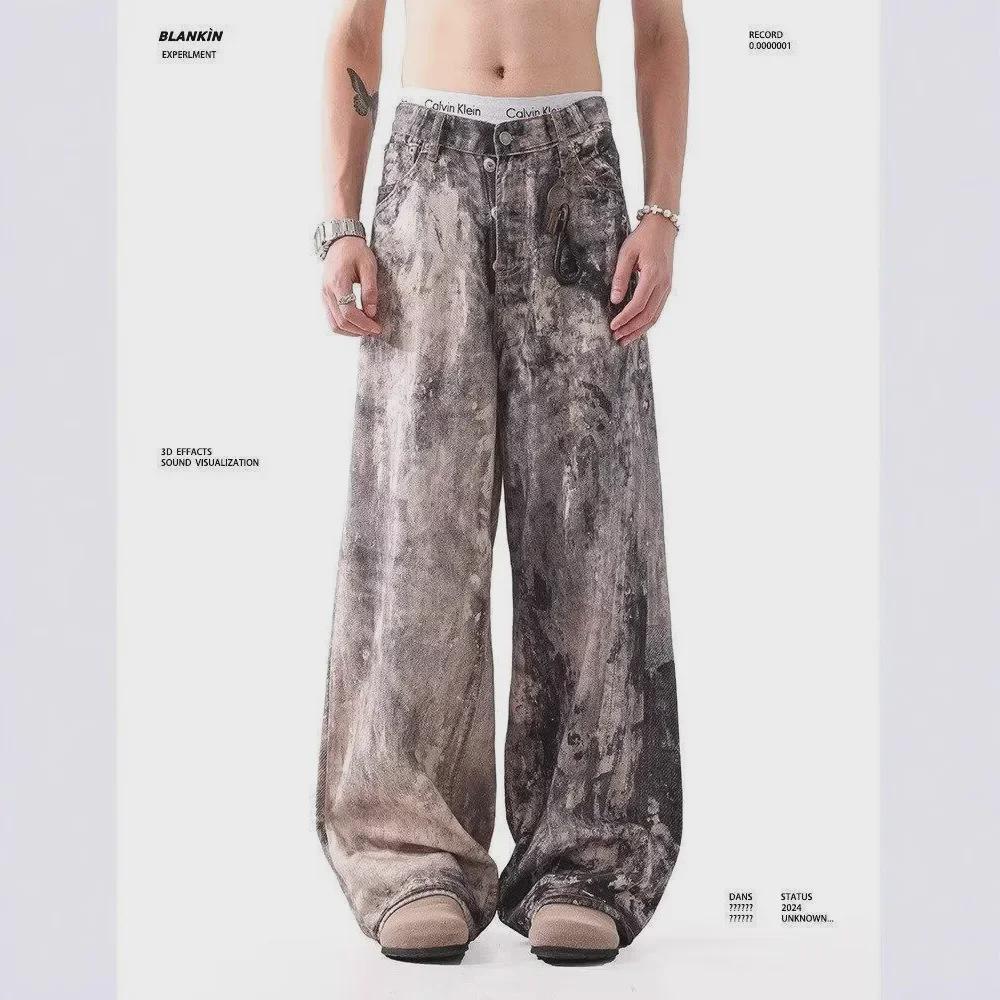 2024 Blugi Unisex cu Talie Înaltă și Picior Larg, Vopsiți prin Jet de Cerneală, Distresați