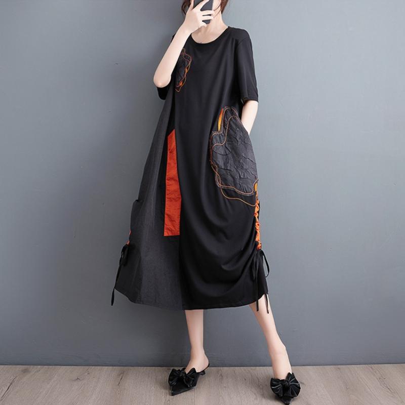 Summer New Loose Casual Embroidered Dress Color Block Hem Drawstring Slimming Women's Fashionable Artistic Clothing Dress