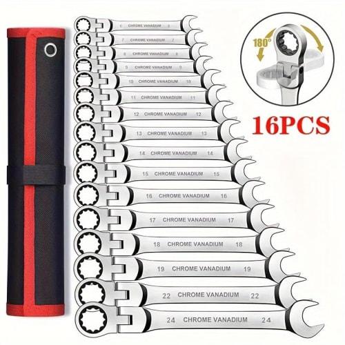 16-Piece Swing Ratchet Wrench Set with Case, 6mm-24mm Flex Ratchet Gear Wrench Set, Automotive and Bicycle Repair Tools, Various Sizes, Spanner, Combi