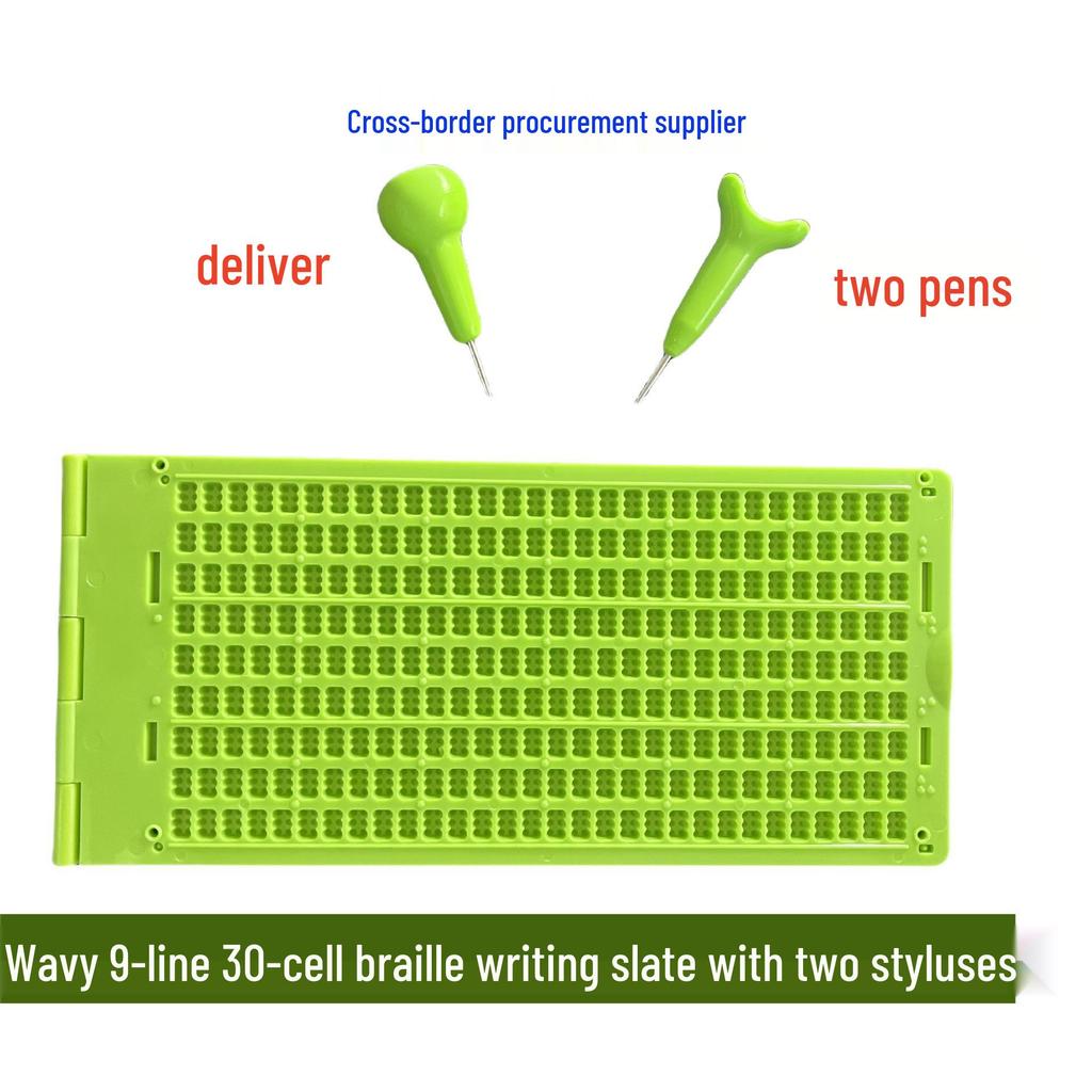 Zelená braillská psací tabulka se stylusem, 9 řádků x 30 buněk