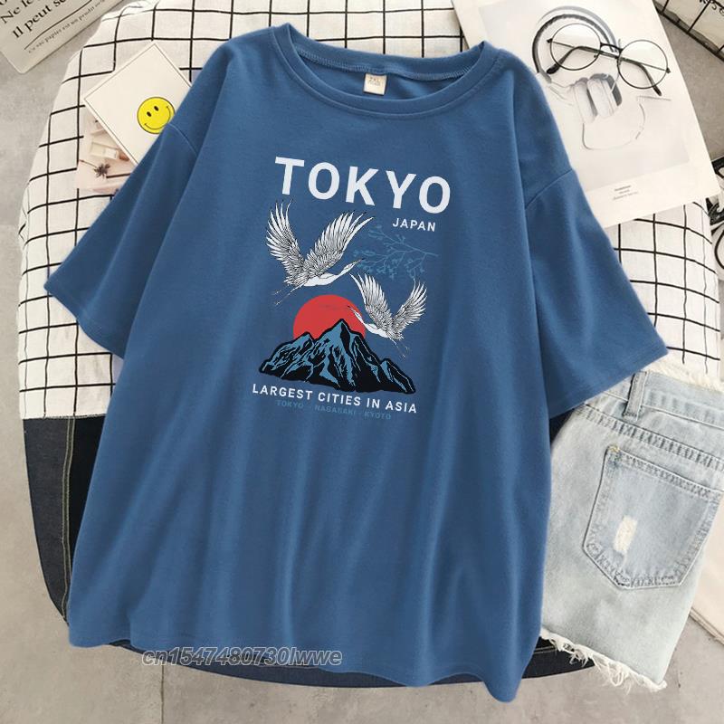 Tokyo Crane Japan Harajuku Print Unisexs Tshirt Hip Hop Loose Tshirts Crewneck Tshirt 100 Cotton Oversize Clothing Unisex