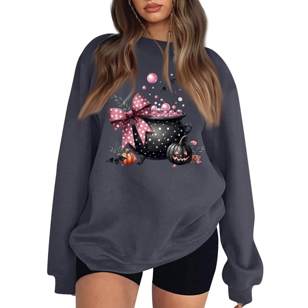 Women's Neck Long Sleeve Casual Loose Fit Sweatshirt Pullover with Color or Small Halloween Print
