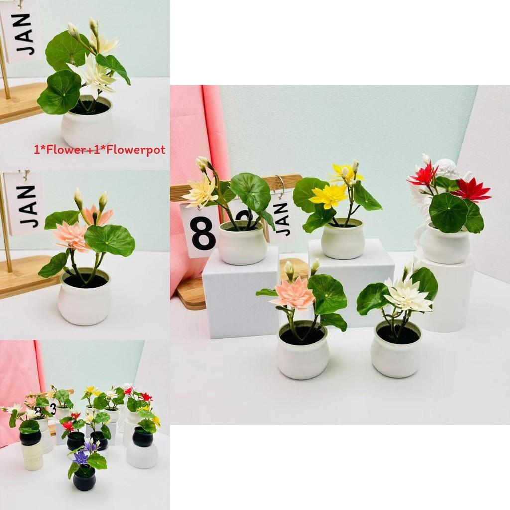 Faux Green Lotus Potted Plant With Durable Plastic And Silk Fabric For Indoor Garden