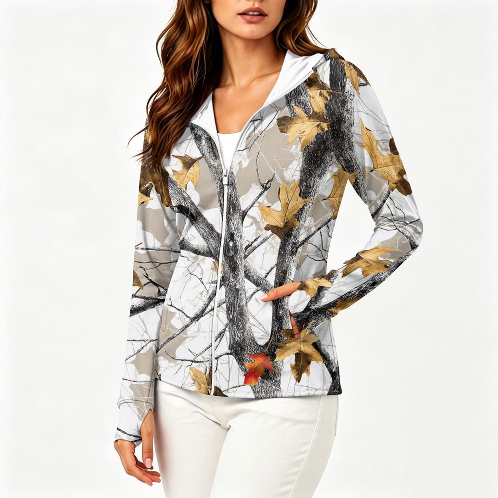 Women Lightweight Hooded Zip Up Jacket with Pockets Long Sleeve Printed Sun Protection Outerwear for Outdoor Activities