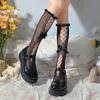 Women Sexy Fishnet Bow Lace Stockings Ruffled Butterfly Hollow Soft Nylon Elastic Knee High White Sock Jk Black Mesh Leg Socks