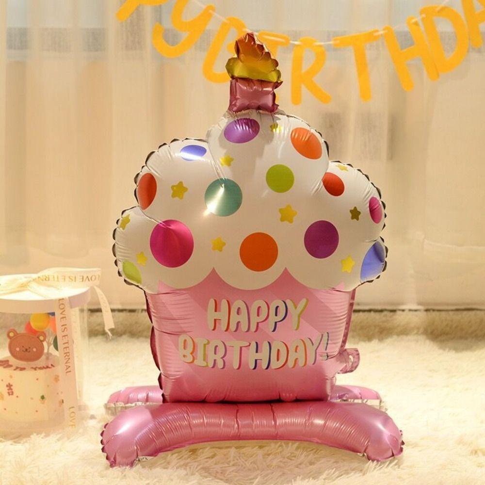 

Мультяшный воздушный шар «С Днем Рождения», надувной торт, воздушный шар из алюминиевой пленки, стоящий воздушный шар для торта, праздник розовый