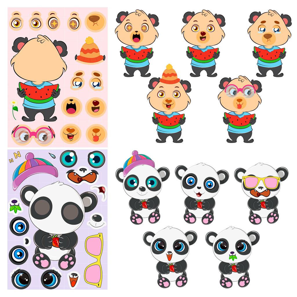 6 Photos/pack of Cute Panda Dinosaur Mixed Puzzle Face Change Stickers Children's Graffiti Educational Toys