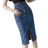 Belle Cie Stretch Denim Tight Below the High Waist Skirt, Knee, Slit, (ST/No. 27331) (Blue, M)