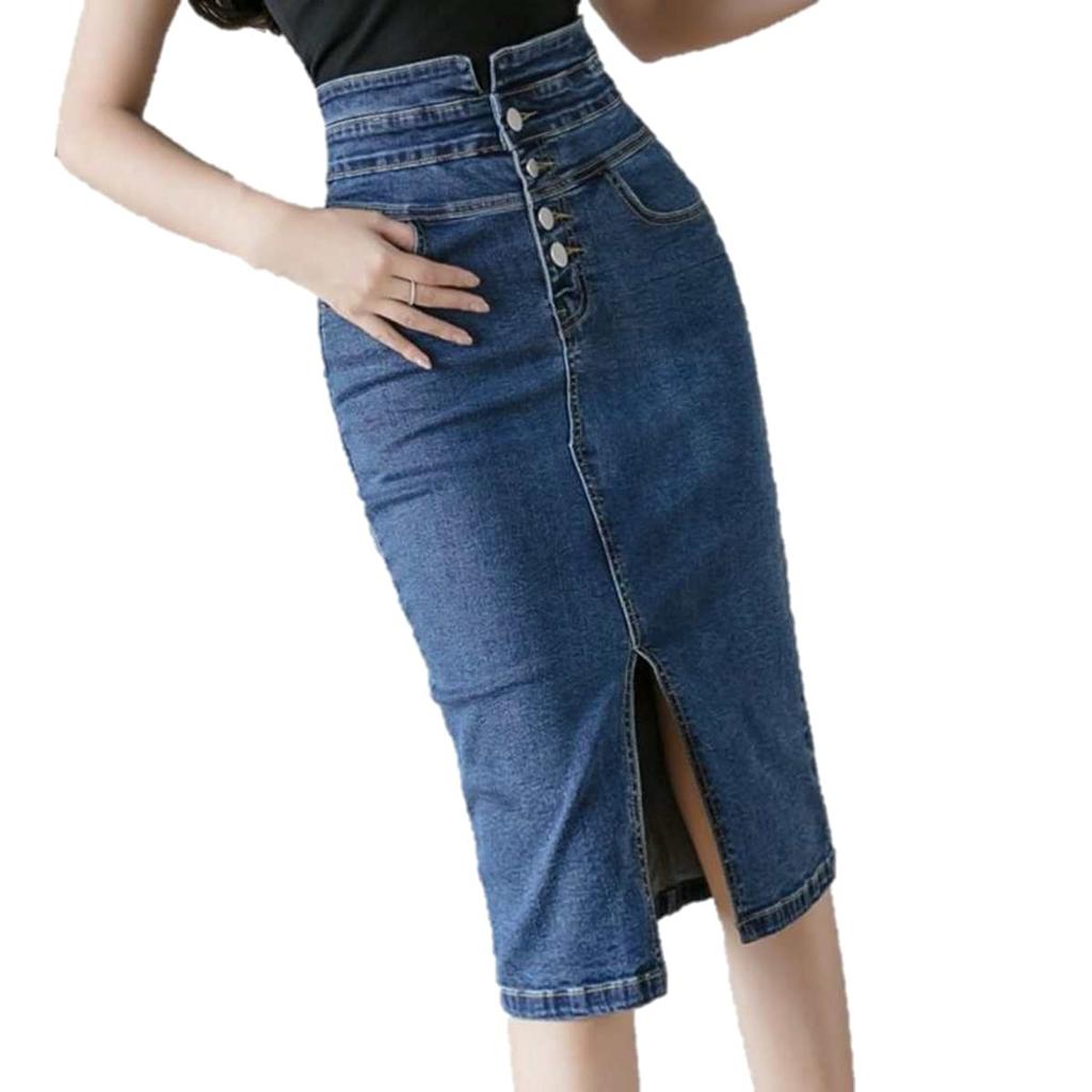 Belle Cie Stretch Denim Tight Below the High Waist Skirt, Knee, Slit, (ST/No. 27331) (Blue, M)