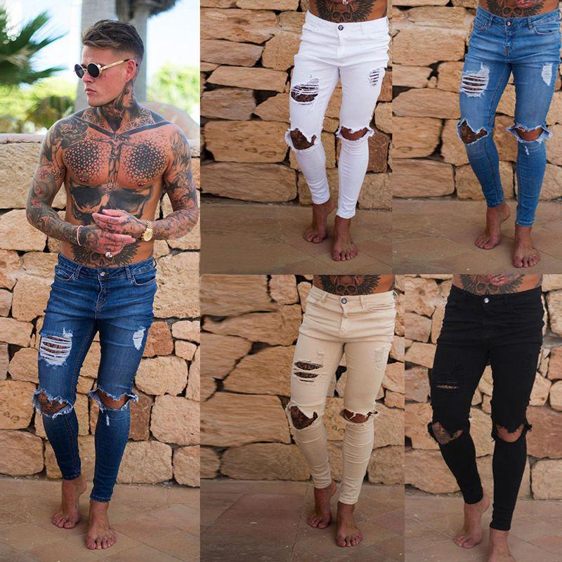 Premium Quality Slim Destroyed Stretchy Ripped Skinny Biker Jeans For Men Taped Fit Denim Pants