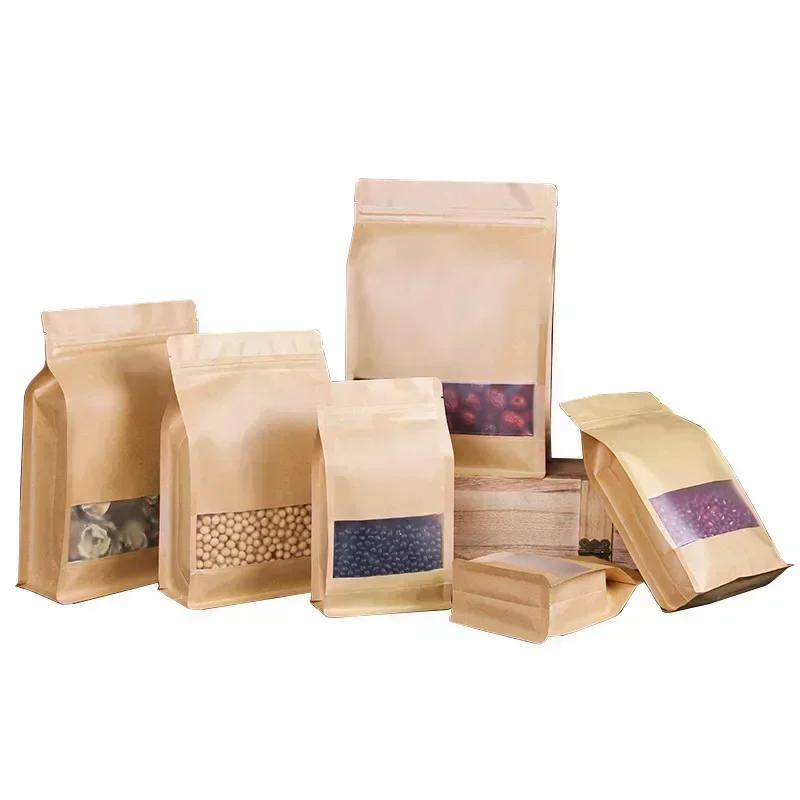50pcs Widen Side Seal Kraft Paper with Matte Window Stand Up Bag Tea Nut Seal Up Package Bags Moisture-proof Zipper Show Pouch