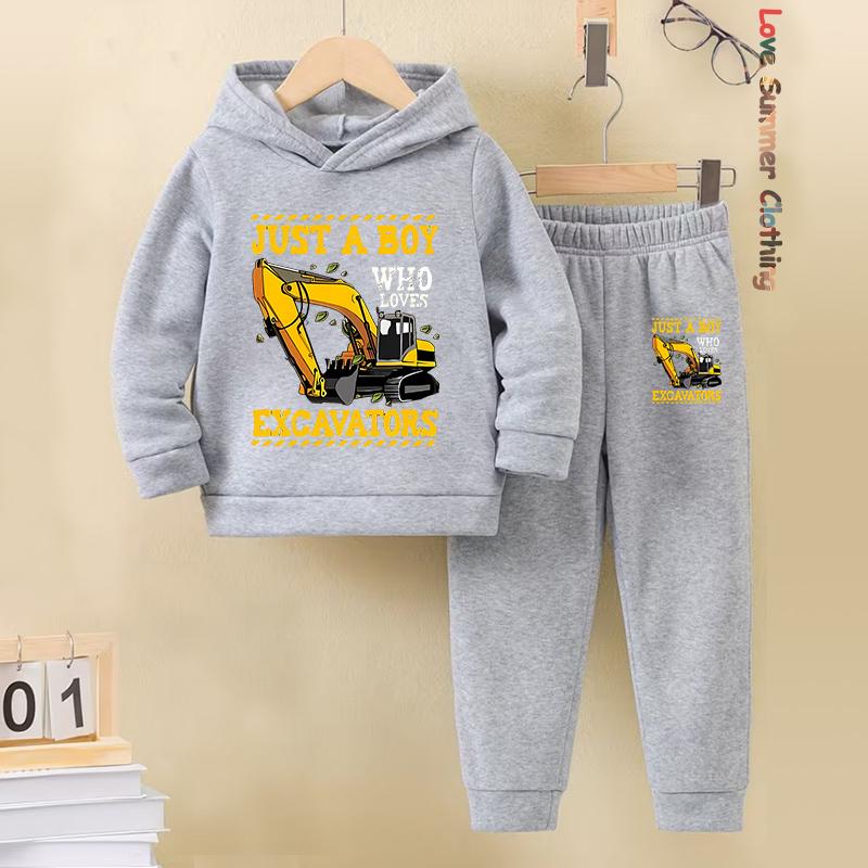 2pcs Boys Hoodie Set Motorcycle Excavator Road Car Thermal Long Sleeve Sporty Pants Hoodie Set Gift Ideal Daily Outdoor Wear