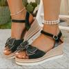 Fashion Women's Sandals Wedge Heel One-line Buckle Butterfly-knot Heels Women Leisure Large Size 7.5cm Heel High 2025 Sandalias De Mujer