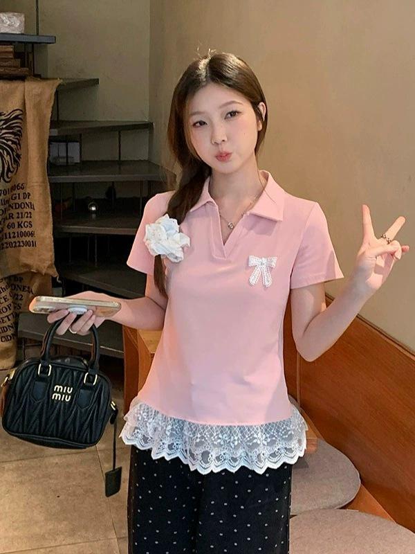 Plus Size Lace Hem Bow Collar Short Sleeve Top for Women - Summer Slimming Polo Style
