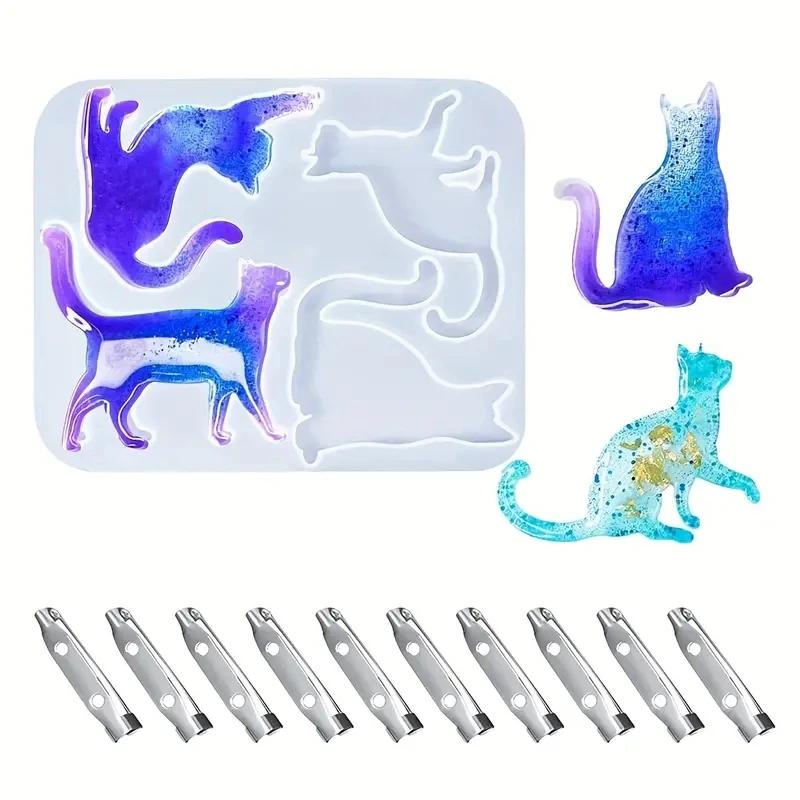 1Pack Cat Resin Mold Jewelry Casting Molds Brooch Mold Animal Silicone Mold Crystal Mold with 10pcs Brooch Pin for DIY Keychain