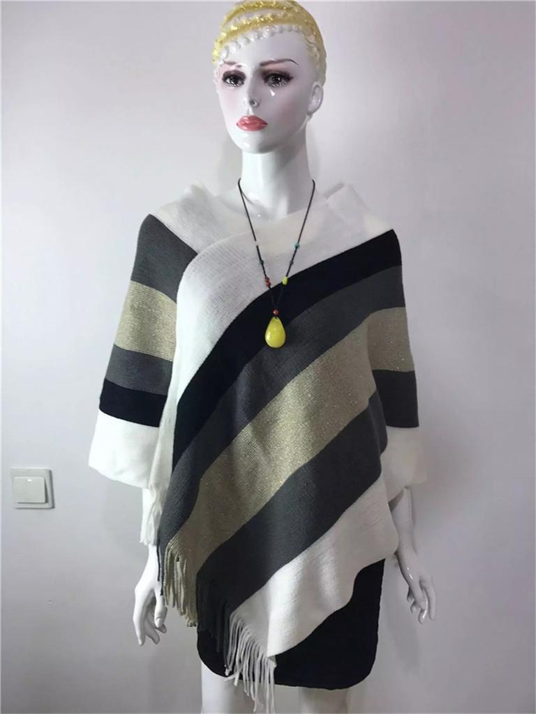 Pulover cu franjuri pentru damă, pelerina tricotată de lungime medie, șal, jachetă cu dungi