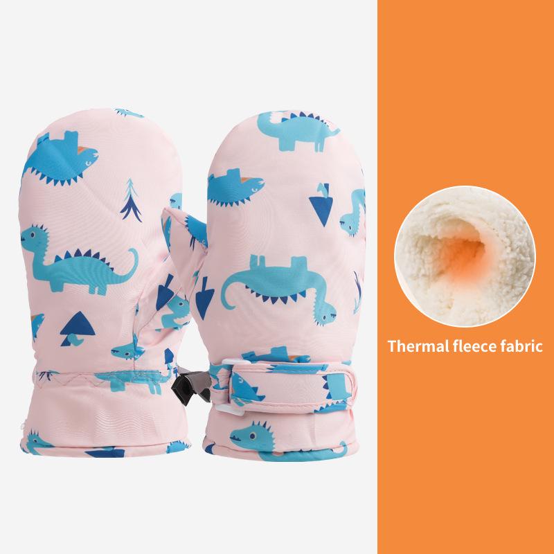 Quick-Drying Waterproof Kids' Ski Gloves with Cartoon Print - Thickened, Plus Velvet for Autumn and Winter