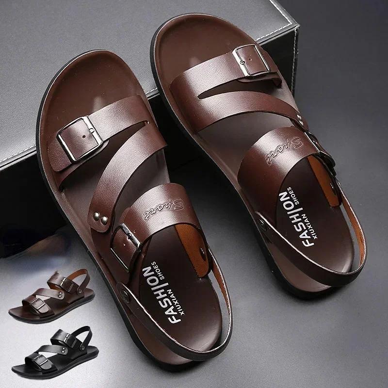 2025 Men's Sandals Solid Color PU Leather Men's Summer Shoes Casual Comfortable Open Toe Sandals Soft Beach Shoes Men's Sandal
