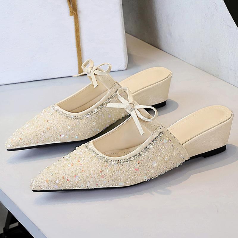 

BIGTREE Shoes Sequin cloth Women Wedges Heels Women Pumps Rhinestone pointed end Women Shoes Luxury Bowknot Ladies slippers 35
