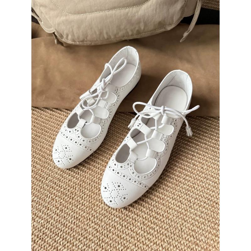 Hollow Carved Ballet Single Shoes Women's Brock Flat Casual Small Leather Shoes White Straps Mary Jane Shoes
