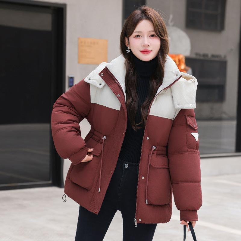 

2025 талия корейская версия пуховика с капюшоном женский средней длины контрастная вставка утолщенный, теплый и стройнящий, универсальный и повседневный XL красный