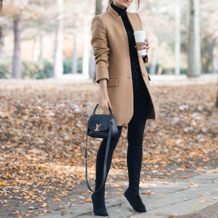 Women's Slim Woolen Coat Stand Up Collar European American Style 2020