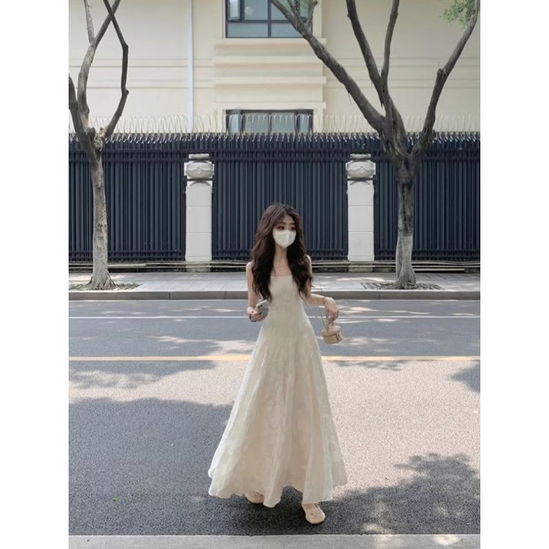 Kumikumi Cool Slip Dress Women Summer Temperament Waist Hugging Slimming Dress Fairy A- line Dress Long Skirt