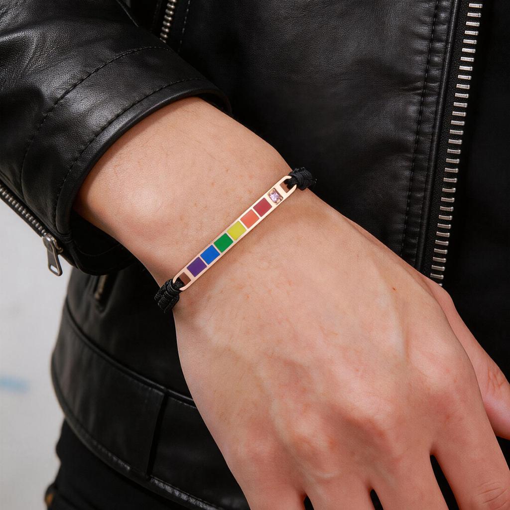 Rainbow Pride Bracelets for Gay Lesbian,Waterproof Rainbow Flag Stainless Steel Long Bar Leather Wristband,LGBTQ Pride Month