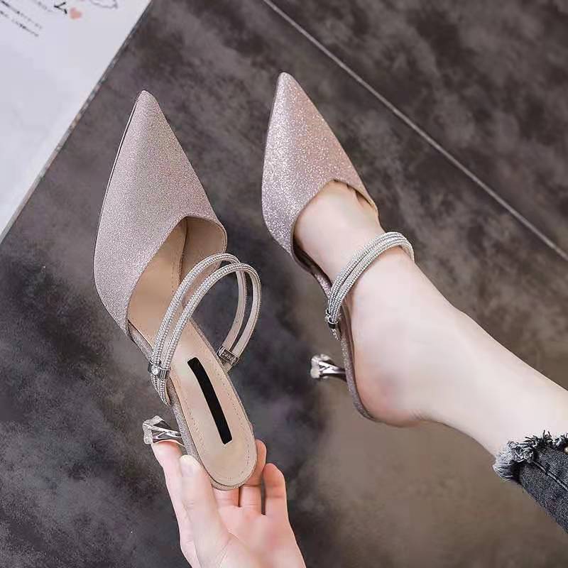 Pointed Toe Sandals for Women Thin Heels Half Pink Woman Shoes High Quality Vip Shoe Cheap Liquidation New Breathable Fashion