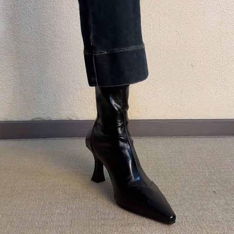 Cowhide version~ High heel pointed short boots French thin heel elastic boots women's versatile soft leather zipper leather thin boots
