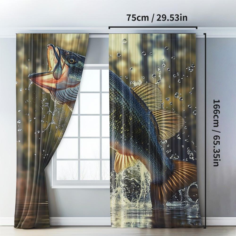 2pcs Classic Bass Fishing Thermal Blackout Curtains - Vibrant Fish Design, Insulated Polyester Drapes for Standard & Large Windo
