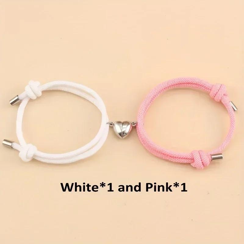 2pcs/set Magnetic Heart Charm Braided Rope Adjustable Bracelets For Couples, Holiday Birthday Gift For Boyfriends / Girlfriends