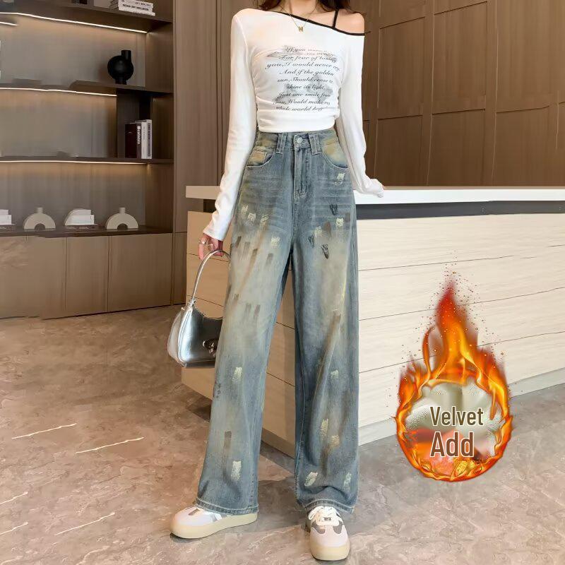 Vintage High-Waist Fleece-Lined Jeans for Women - 2024 Autumn/Winter, Slimming Straight/Wide-Leg Style